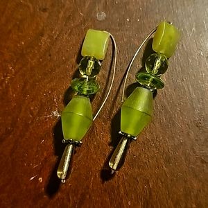 Handcraft Olive Green Lampwork Beaded Dangling Earrings, Pierce, 3".